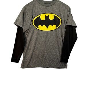 Batman Graphic Tee Kids L Grey Black Layered Long Sleeve Superhero T Shirt Logo